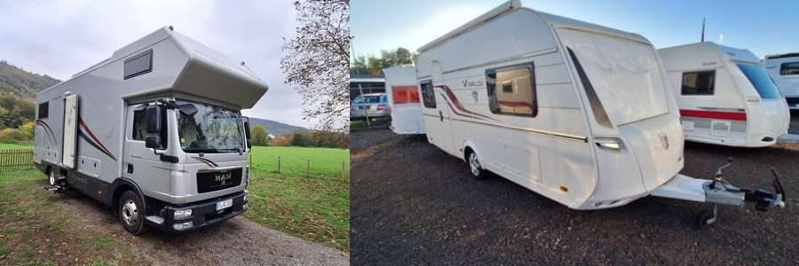 Collage aus einem Wohnwagen und einem LKW-Wohnmobil