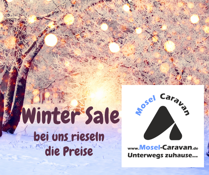 Winterlandschaft mit leuchtenden Schneeflocken, dem Logo von Mosel Caravan und dem Spruch Winter Sale - bei uns rieseln die Preise